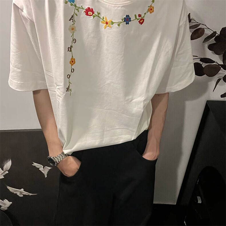 万针全刺绣工艺抖音得物高品质260克重磅纯棉双纱美式高街短袖T恤,男装T恤,电商A486
