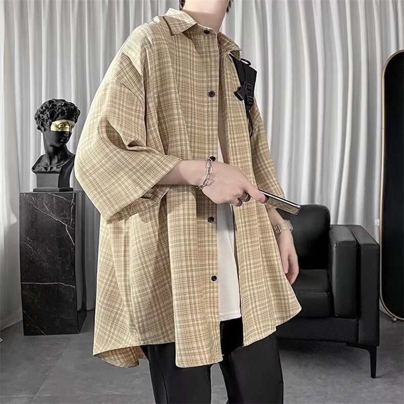 wassuphappy冰丝短袖衬衫男夏季薄款潮牌格子七分袖衬衣休闲外套,男装T恤,星座1013-5