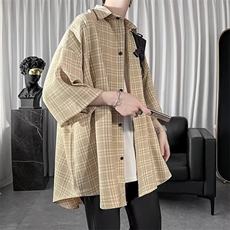 wassuphappy冰丝短袖衬衫男夏季薄款潮牌格子七分袖衬衣休闲外套，男装T恤，星座1013-5