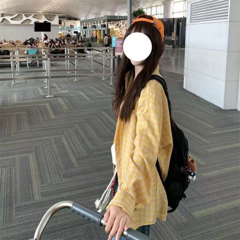 黄色格纹衬衫女复古慵懒风2025夏季韩系宽松休闲上衣长袖防晒外套，男装防晒衣，星座506A