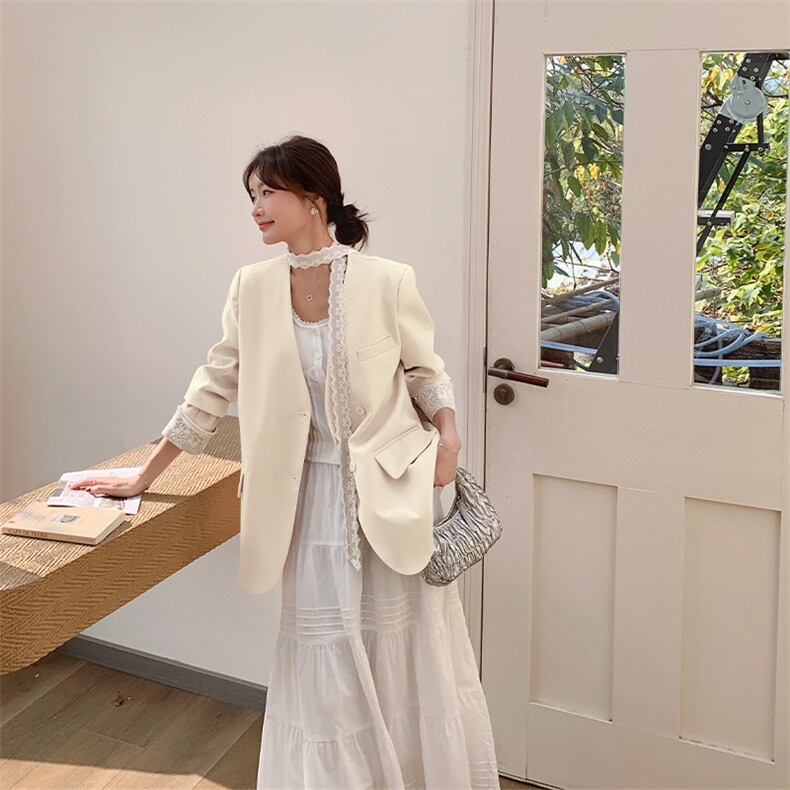 韩系独特超好看蕾丝飘带西装外套女2025春季新款超火减龄V领西服,女装西装,2C015