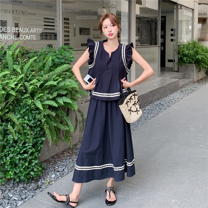 休闲藏青色花边背心半身裙套装女夏2025新款小个子两件套超火流行图片