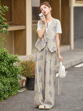 时尚印花马甲阔腿裤套装女2025夏季新款气质休闲短袖阔腿裤三件套，女装套装/套裙，依如秀(原杭风阁)