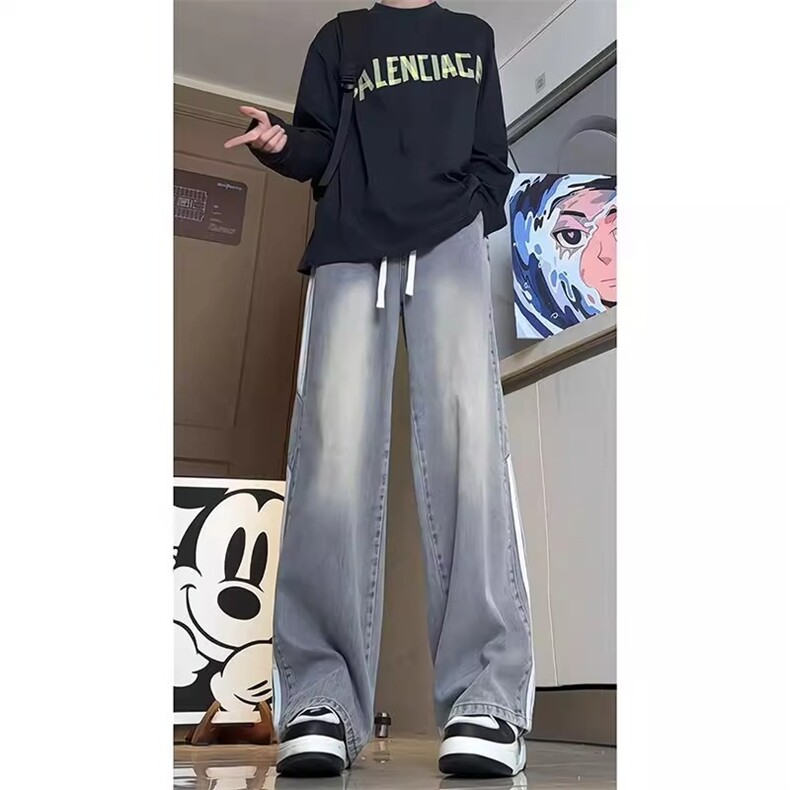 牛仔裤男女款直筒宽松紧腰阔腿裤子潮牌美式复古拖地长裤NZD773,男装牛仔裤,星座516A