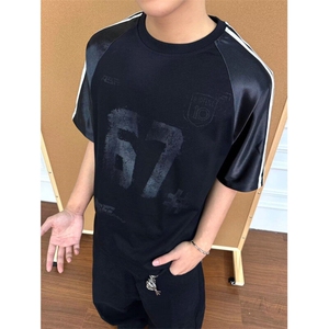 美式复古拼接字母印花圆领宽松男夏季球衣风运动T恤上衣 TY139图片