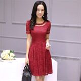 优雅红色蕾丝连衣裙显瘦修身时尚气质甜美淑女风，女装连衣裙，贵人树