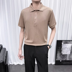 冰丝条纹短袖Polo衫男2024新款夏上衣潮流高级感纯色翻领t恤D88