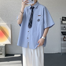 CS1132-特P48控78夏新大码刺绣短袖条纹衬衫男学院风（带领带），男装T恤，电商A059