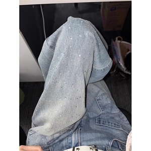 立体水钻阔腿牛仔长裤女装夏季休闲直筒复古烫钻牛仔裤 N2224图片