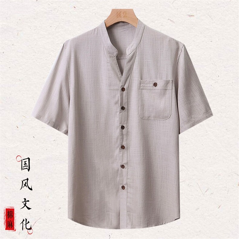主推款夏季亚麻T恤2024风开衫休闲宽松中年半袖衬衣上衣男装，男装大码男装，钱塘6003B