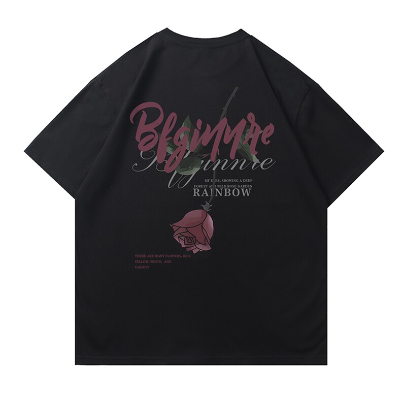白底得物美式红玫瑰花卉抖音直播短袖220克纯棉T5136P23,男装T恤,电商C408-1(原B339-1)