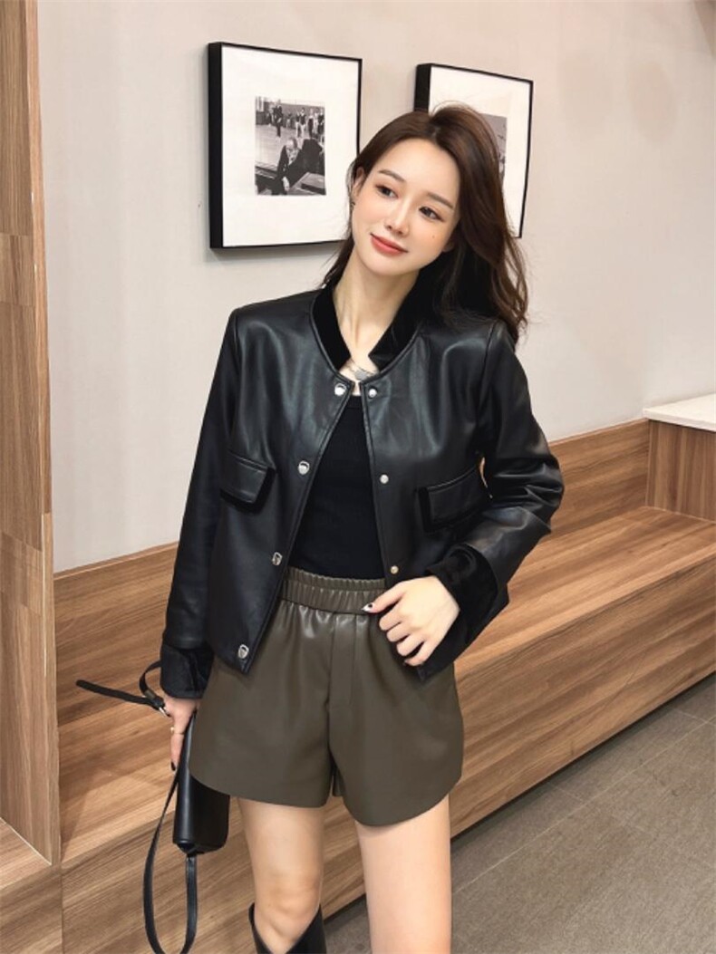 丝绒拼接皮衣，女装皮衣，时代公主