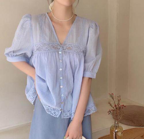 棉布刺绣v领A版上衣，女装，新袖