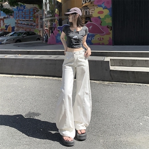 美式复古白色弧形弯刀牛仔裤女潮宽松阔腿裤镰刀裤子YD9017-P70,白色直筒牛仔裤女搭配图片