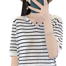 洋气减龄V领冰丝条纹针织短袖T恤女宽松休闲薄款小衫显瘦撞色上衣，女装T恤，秋虹羊绒