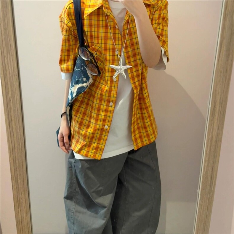 短袖格子衬衫女2025夏季新款设计感小众宽松休闲男女款撞色衬衣潮，男装衬衫，星座1210-1