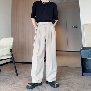 杏色凉感休闲西裤男夏季薄款腰带设计感宽松阔腿裤垂感西装裤图片