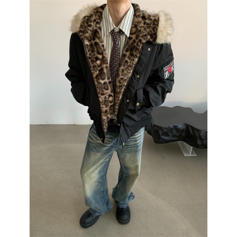 网图美潮豹纹毛领派克棉服座山雕外套W1931/特P105,男装棉衣,电商B350