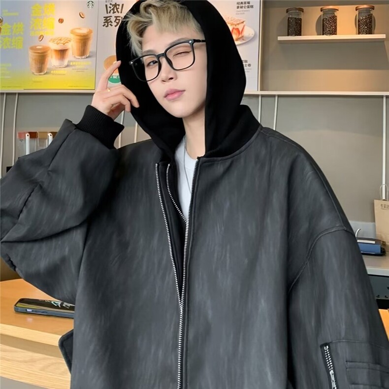 JK8539-P772025新款重磅设计假两件连帽皮衣外套男美式复古工装,男装皮衣,电商B323A