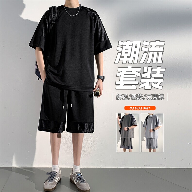 男生休闲套装2025新款宽松运动夏季短袖短裤两件套男图片