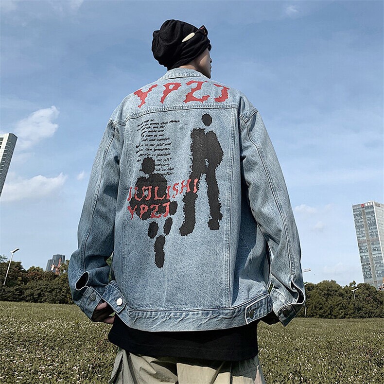 M-5XL大码重工艺春秋季高街宽松复古牛仔外套潮牌夹克衬衫A161图片