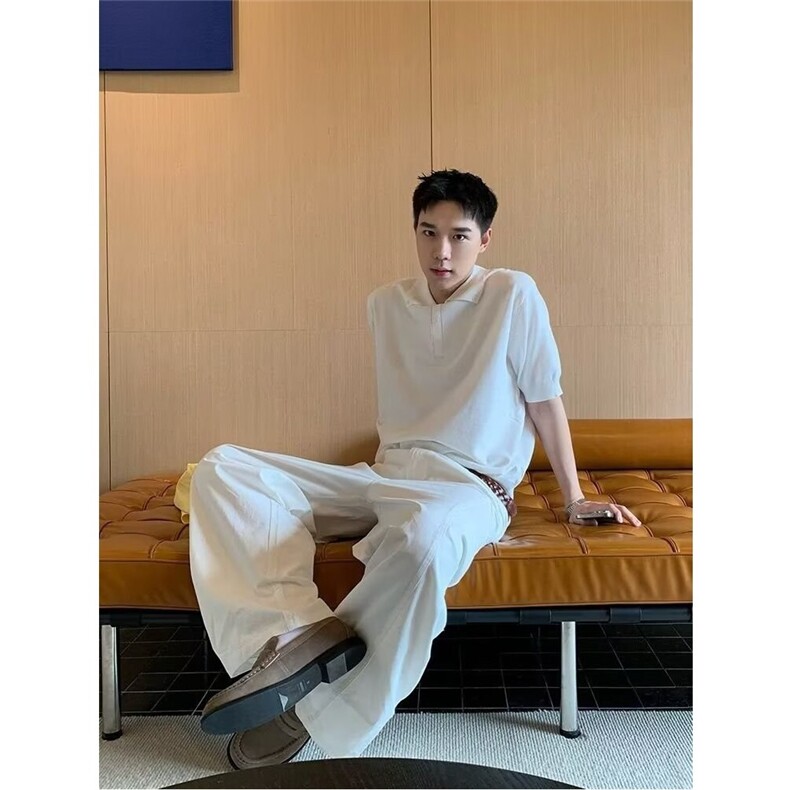 美式凉感冰爽丝纽扣设计感Polo领针织短袖夏季宽松简约上衣,男装T恤,星座506A