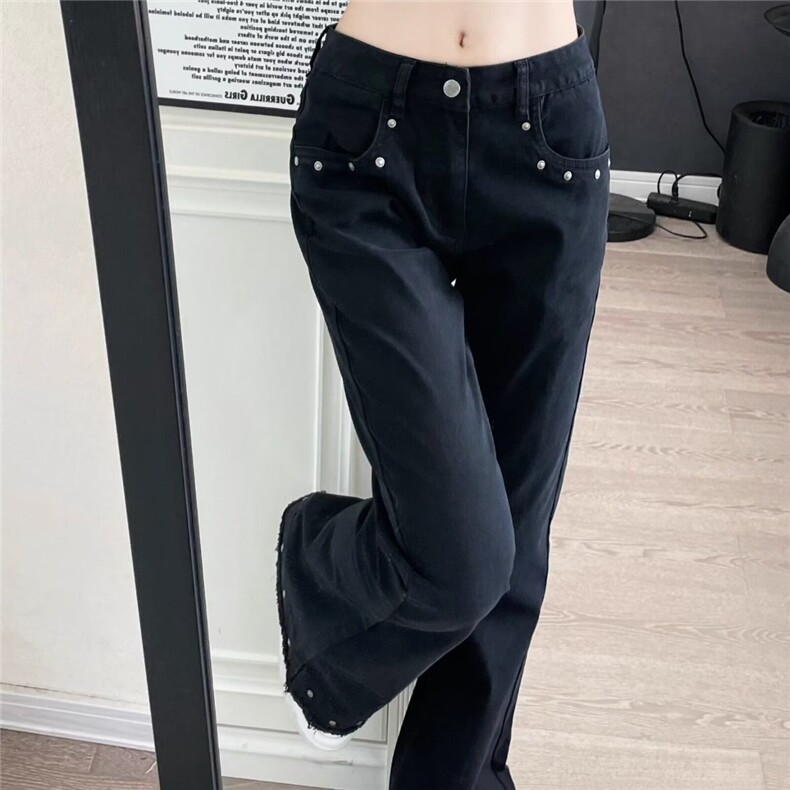 美式复古铆钉装饰设计牛仔裤男女显瘦直筒微喇百搭长裤LA4666-P45,男装牛仔裤,星座1008