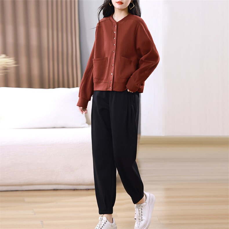 新款春秋时尚两件套装女休闲宽松棒球服开衫哈伦裤中老年妈妈装潮,女装套装/套裙,璐依舞