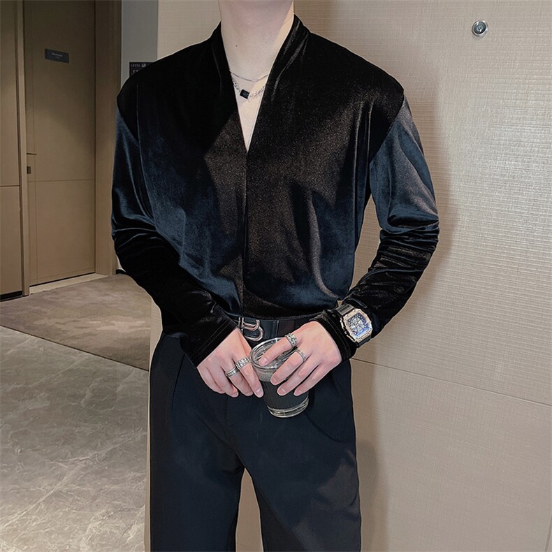 新款潮流丝绒面料复古高级感气质V领百搭长袖T恤打底衫TX1216-P55,男装T恤,电商B267
