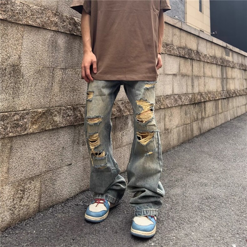 美式高街复古水洗做旧破洞牛仔裤男宽松直筒潮牌微喇叭裤子TX672,男装牛仔裤,星座208-5