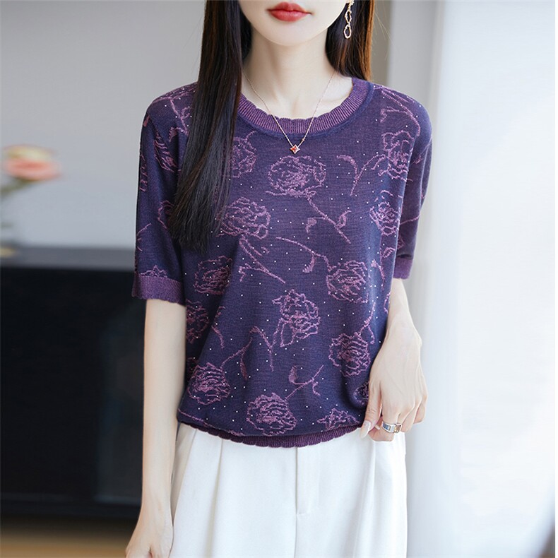 莱赛尔天丝烫钻针织短袖T恤女2025夏季轻薄凉感宽松气质小衫上衣,针织衫/毛衣,唐诺