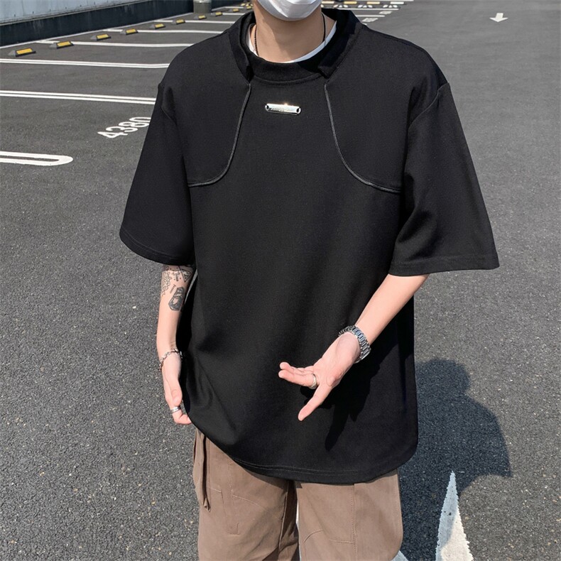 韩版ins小众解构设计感短袖t恤男高级感休闲宽松百搭纯色半袖上衣图片