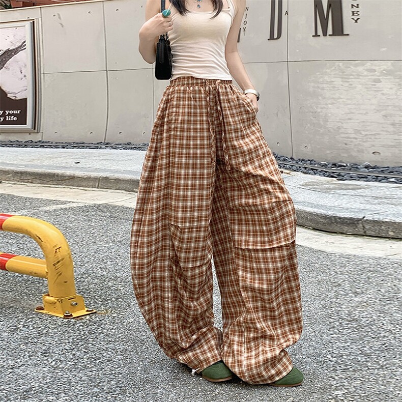 复古格子阔腿裤男女夏季新款显瘦百搭直筒束脚休闲裤子YD9030-P65，男装休闲裤，星座509