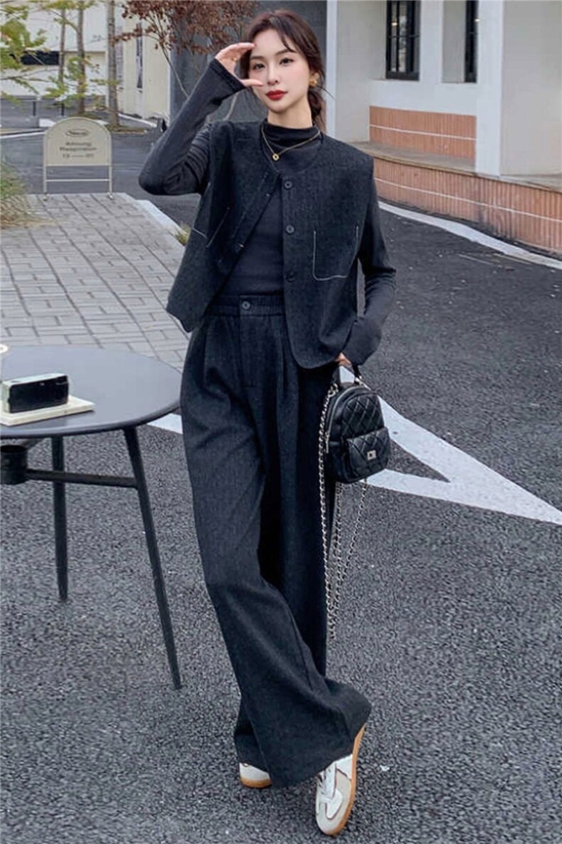 韩版时尚休闲套装修身显瘦马甲外套内搭深灰打底衫阔腿长裤三件套,女装套装/套裙,2C310
