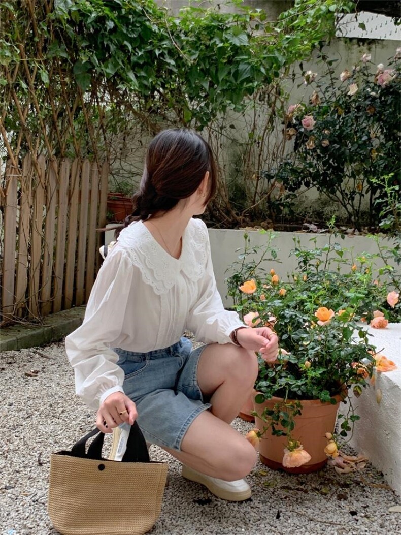 甜美双层花边娃娃领衬衫，女装衬衫，DAP