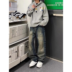 美式复古刺绣连帽毛衣男女款多巴胺彩色宽松针织衫慵懒风卫衣外套，男装针织衫/毛衣，四季星座505