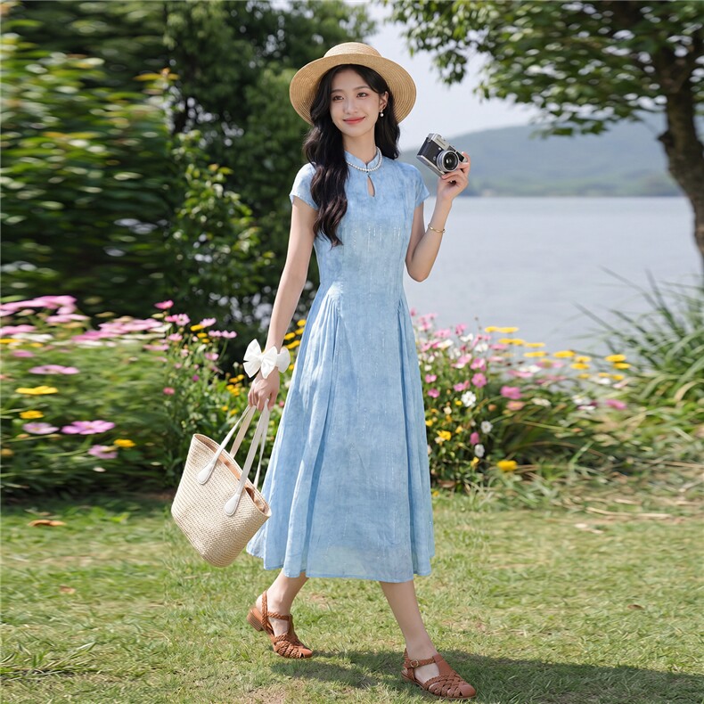 复古气质连衣裙女夏季新款女神范时尚收腰显瘦减龄中长款裙子,女装连衣裙,水衣源