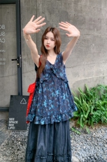 时尚减龄休闲风套装女2025夏季日系简约印花上衣木耳边阔腿裤套装，女装套装/套裙，2C166