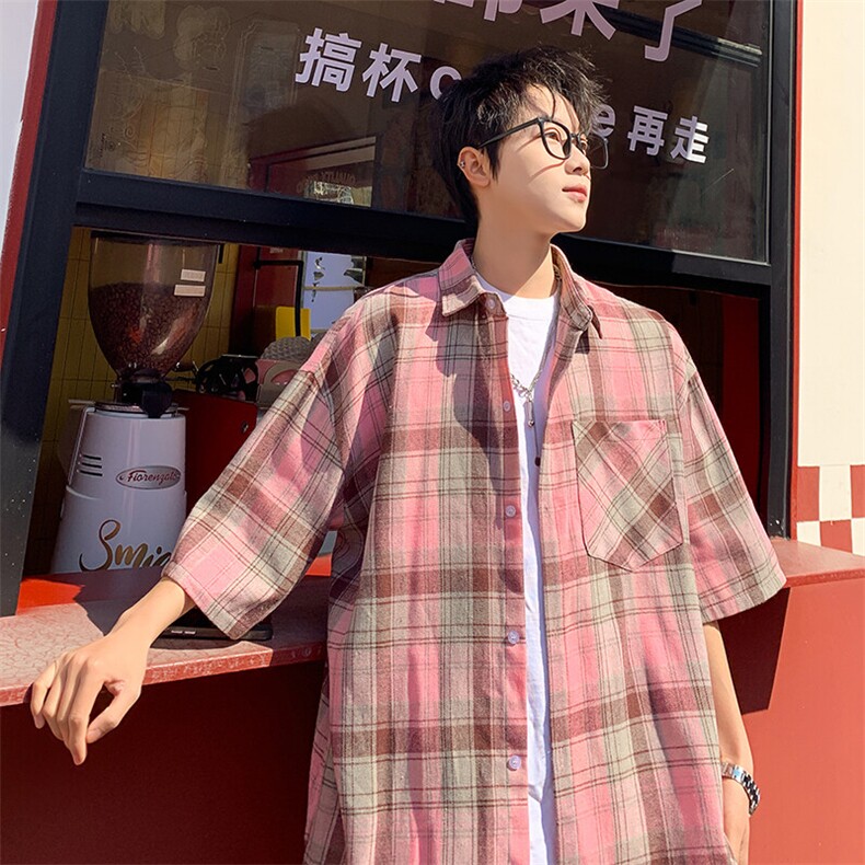 短袖衬衫男夏季新款磨毛格子衬衣DX716-特批26无差价,男装衬衫,星座214-3
