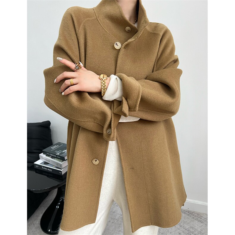 2025年夏季常规中长款长袖纯色立领短带腰带时尚百搭简约大方，女装双面呢大衣，蒙绒特