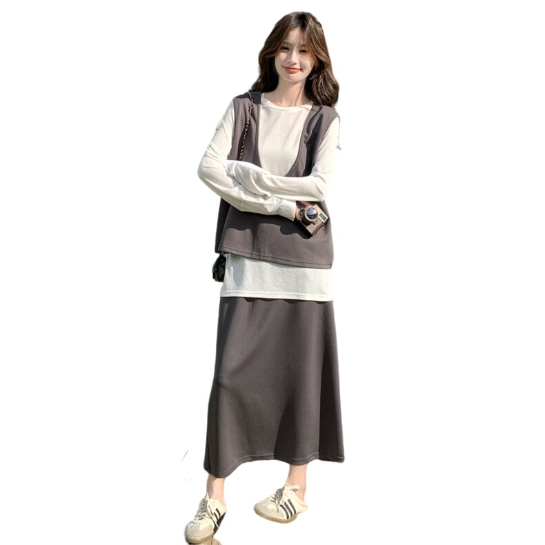 灰色韩系简约休闲马甲套装裙女2026秋季新款长袖T恤半身裙三件套，女装套装/套裙，2C159