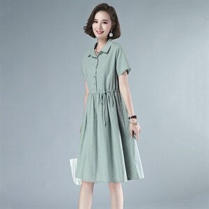 2021年夏季排扣中长款POLO领短袖纯色妈妈连衣裙棉麻韩版裙子图片