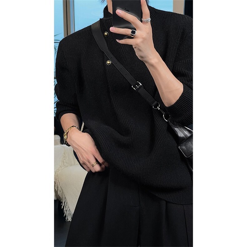 网图不规则纽扣设计感高领毛衣男韩系针织衫上衣A025-HM1377-P60,男装针织衫/毛衣,电商A025