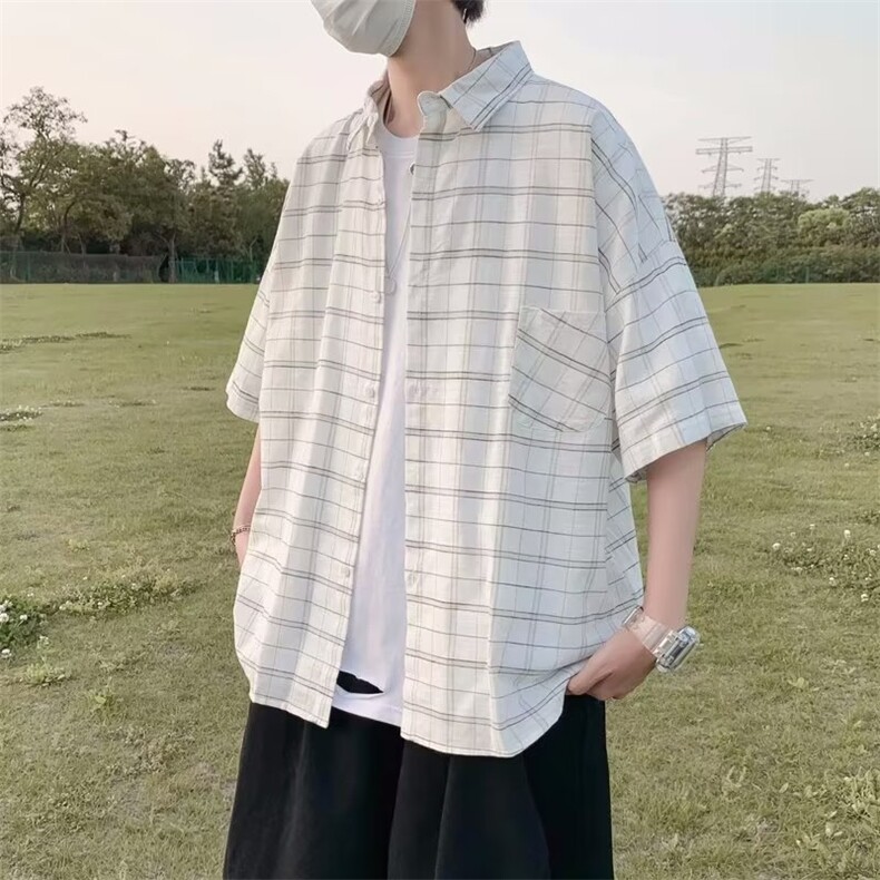 夏季短袖男生格子衬衫翻领衬衣宽松休闲上衣,男装衬衫,星座1013