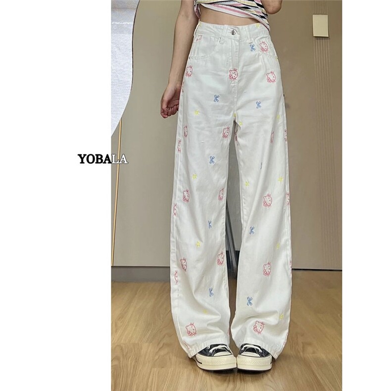 可爱刺绣kitty猫牛仔裤女2025新款夏季薄款高腰阔腿宽松直筒裤子图片