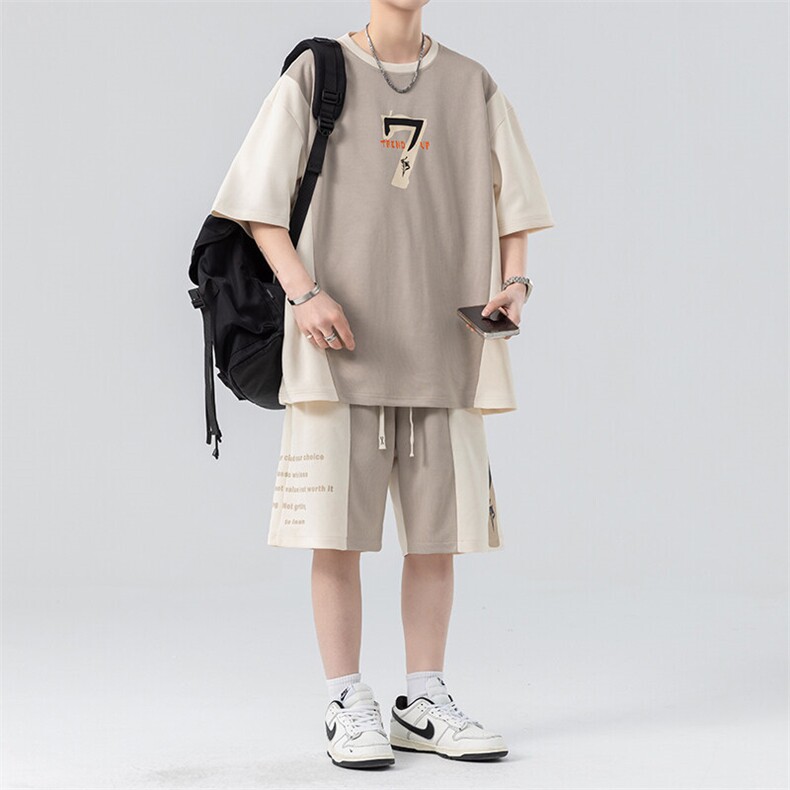 套装男夏季新款港风宽松拼接设计短袖T恤五分裤一套TZ6012特P45,男装T恤,星座301B-2（原A443-1）