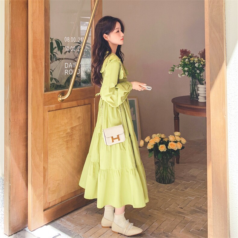 法式绿色海军领蛋糕连衣裙女春装2025年秋冬新款超好看小清新长裙,女装连衣裙,2C158