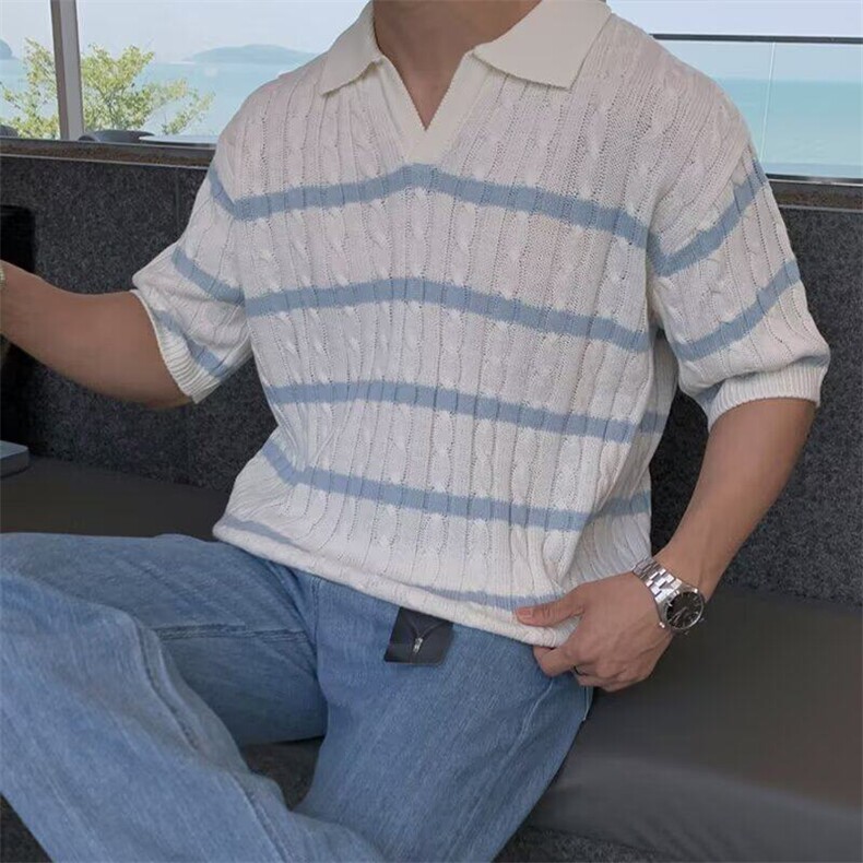 夏季翻领Polo衫短袖针织衫男宽松美式弹力T恤图片