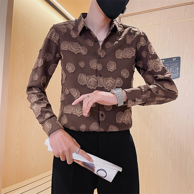 咖 男士秋季新款痞帅工艺纯色长袖衬衫男修身衬衣301A-1/H507/P60图片
