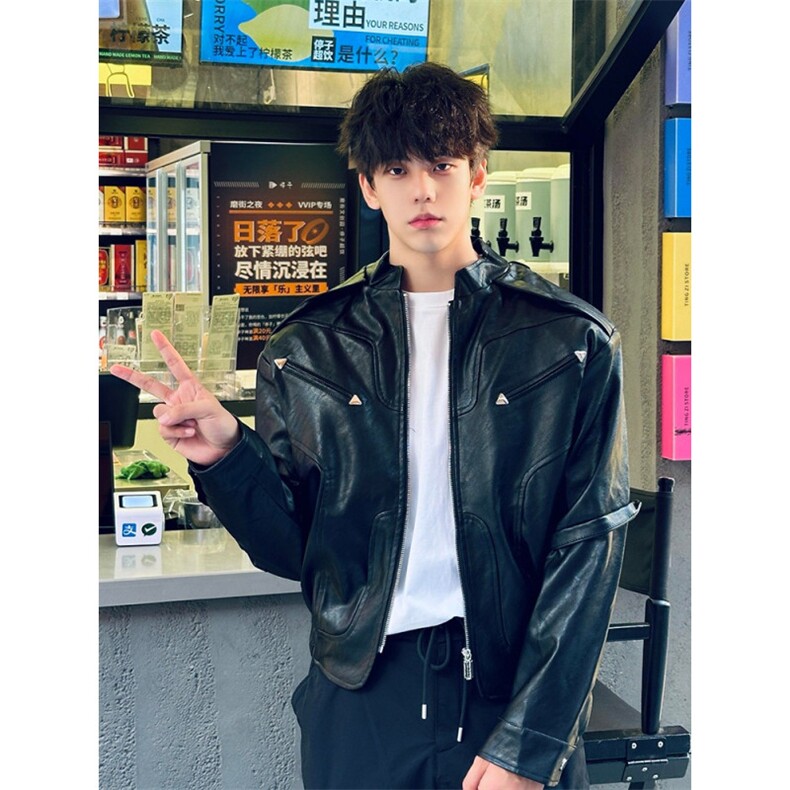 黑色立领pu皮衣外套男女春秋新款铆钉设计感短款机车服潮牌皮夹克，男装夹克，星座601-1